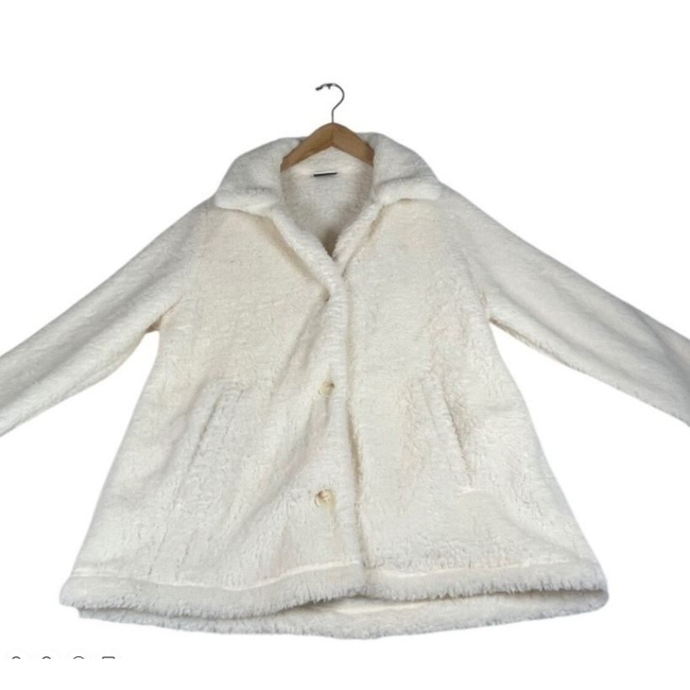 32 Degrees Heat Womens Cream Faux Fur Teddy Jacket Large Button Front Coat